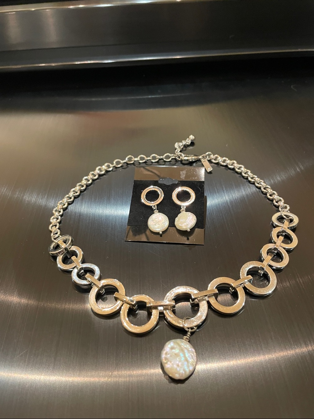 WHBM Silver Link Chain Necklace and Earrings Set with Pearl Drops